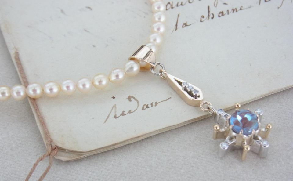 ペンダント K10 / silver /サフィレットガラス / ダイヤモンド / アコヤパール sold